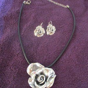 Silver Rose Pendant on Leather; Matching Earrings